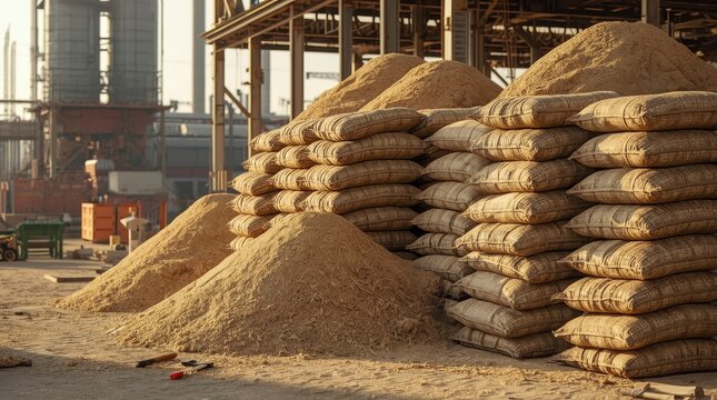 Large sand-filled raffia bags for construction stacked outside a factory.