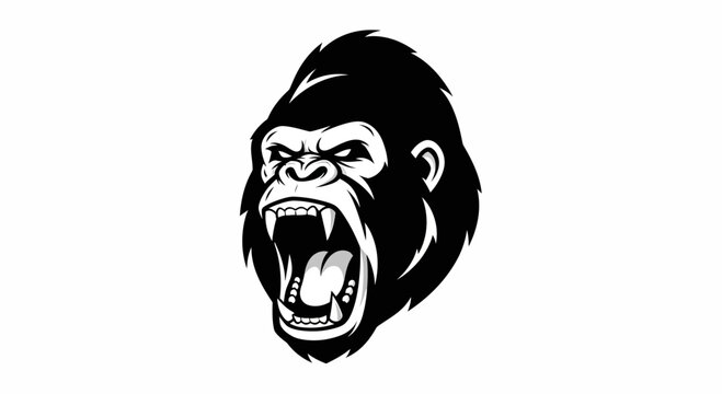 Furious Gorilla Head Roaring Aggressively, Black and White Vector Illustration