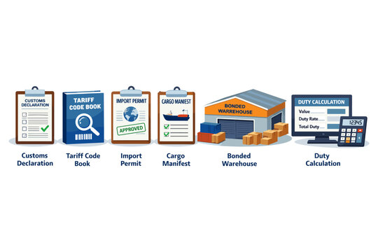 International trade process steps: declaration, permits, warehousing, and duty calculation