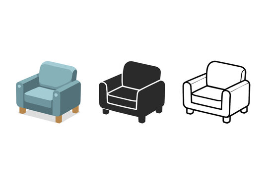 Three styles of armchair icons: isometric, silhouette, and outline
