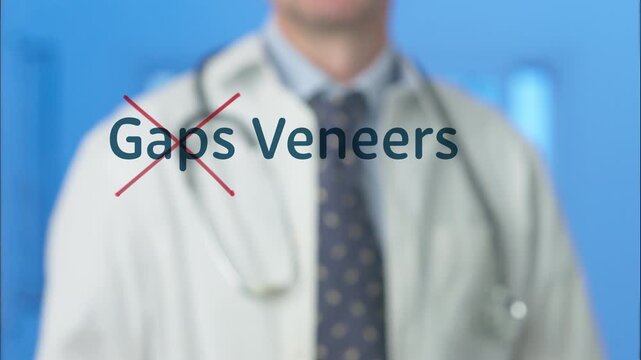 Dental specialist draws a red X over &ldquo;Gaps&rdquo; on a transparent glass board, revealing &ldquo;Veneers&rdquo; as the positive solution.a dental solution for closing teeth gaps and aesthetic dentistry concepts