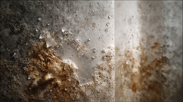 Close-up of a damp wall with heavy condensation, bubbling textures, and brown staining, suggesting water damage, mold, or mineral salt buildup.
