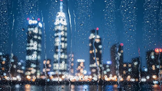 Viewing minimal corporate city skyline at night through rainy window showcasing calm motion of water streaks on glass with blurred urban lights creating atmospheric background
