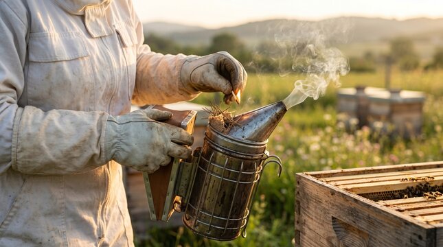 Beekeeper using smoker, Apiary safety workflow, Honey bee hive inspection, Atmospheric rural work, Professional apiculture close up