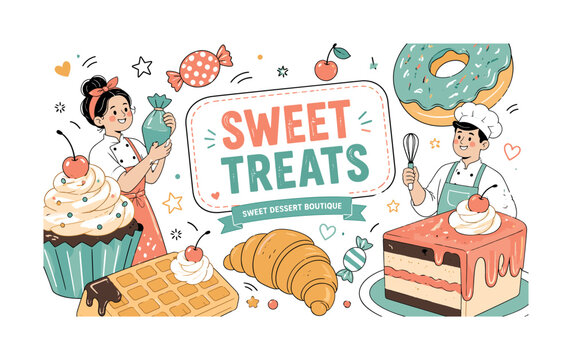 Sweet Dessert Boutique. Clean editorial banner scene with two cheerful bakers and an oversized cupcake beside an oversized cake slice, donut, croissant, waffle, candy, and cherry details spread across