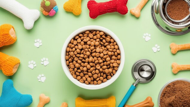 Pet supplies and dry food on a soft green backdrop. Pet store banner idea.