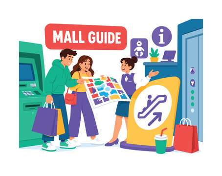 Shopping Mall Services banner with two shoppers and one mall attendant arranging an oversized mall map and giant escalator sign across the full canvas, ATM machine touching left edge, elevator panel