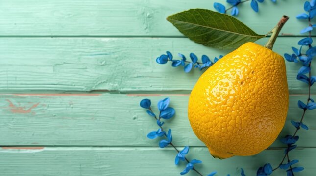 Sukkot celebration with etrog on a mint wood backdrop.