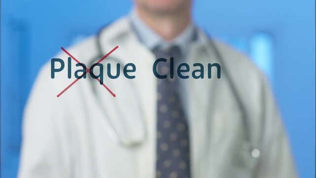 Dental professional draws a red X over &ldquo;Plaque&rdquo; on a transparent glass board, revealing &ldquo;Clean&rdquo; as the positive outcome, the importance of dental hygiene and professional cleaning for oral health