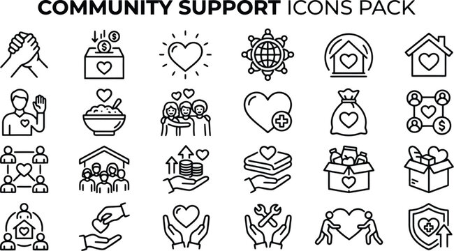 Comprehensive set of linear vector icons depicting community support charity work volunteer aid and social care humanitarian welfare services