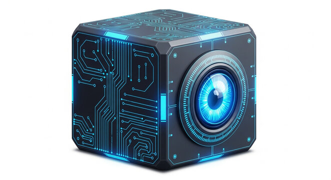 Futuristic digital cube featuring an advanced glowing robotic camera eye
