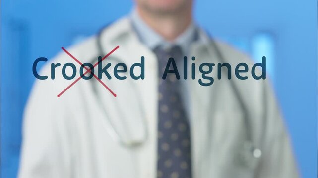 Medical professional in a white coat crossing out the word 'crooked' with a red marker, leaving 'aligned' as the correct concept for health, posture, or treatment on a transparent board