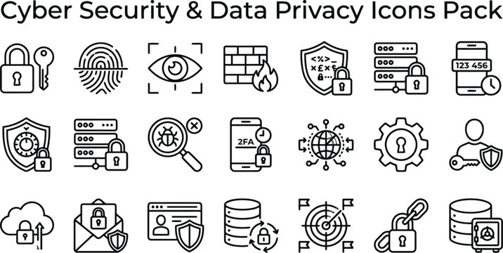 Detailed set of cyber security and data privacy vector icons featuring digital protection symbols for modern web application interface design