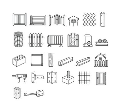 Fence Gate Installation. Line icon set of fence and gate installation: fence panel, sliding garage gate, swing gate, post cap, rabitz mesh, concrete fence post, wire fencing roll, wooden picket, metal