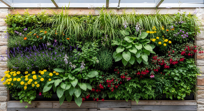 Vertical garden with colorful flowers and green plants in a greenhouse