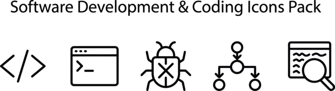 Comprehensive set of software development and coding icons featuring line art style symbols for professional web and mobile application design