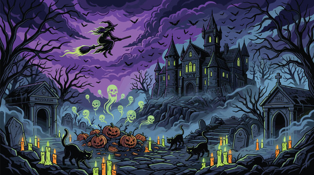 Flying witch on a broomstick above a large gothic mansion in a misty graveyard surrounded by glowing green spirits and black cats.