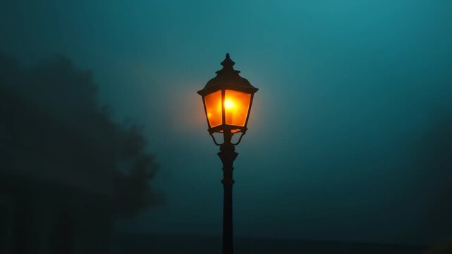 Lit lantern against moody teal sky atmospheric outdoor lighting