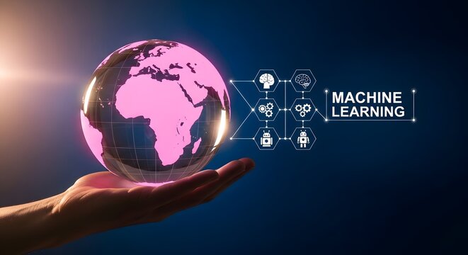 Hand supporting a pink globe with machine learning concept