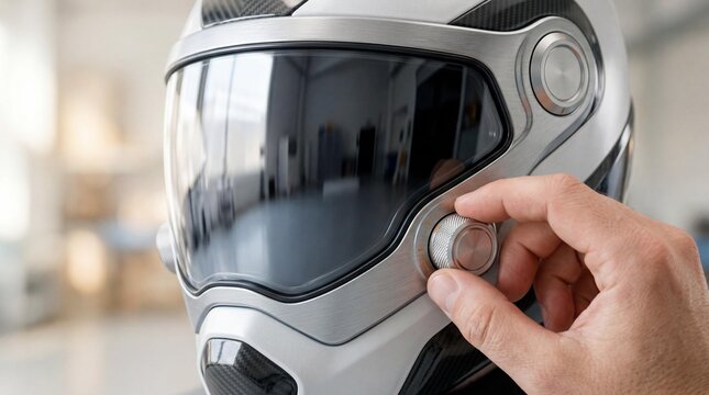 Person adjusting silver motorcycle helmet visor in modern setting