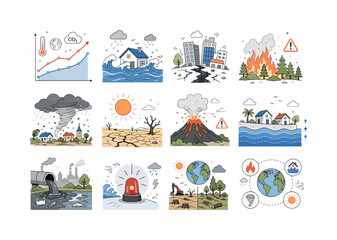 Naklejka premium Climate Disaster Warning Icons. Climate change, CO2 growth, floods, earthquakes, fires, drought, storms, environmental catastrophe awareness. 12 minimalist editorial vector scenes: a chart shows
