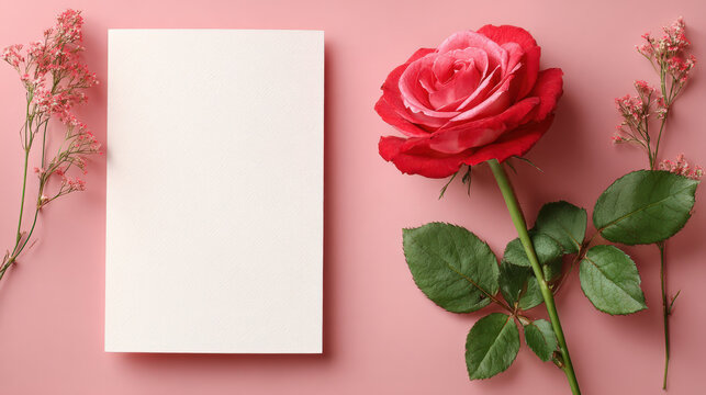 A vibrant red rose with delicate pink undertones rests beside a blank card on a soft pink background, adorned with sprigs of dainty wildflowers.