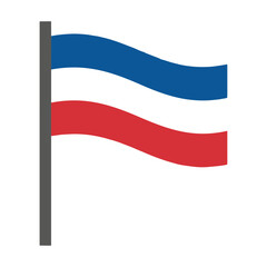 Fototapeta premium National flag with horizontal stripes waving on a flagpole against a clean white background, minimalist flat design national identity concept