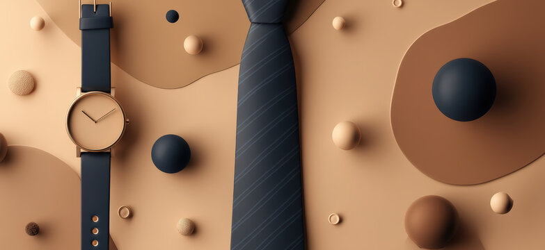 A modern, minimalist composition featuring a classic wristwatch and a textured tie, arranged with smooth, abstract shapes and spheres, creating a sophisticated and elegant aesthetic.