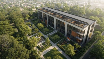 Fototapeta premium Contemporary apartment complex in a green setting. Residential buildings with upscale design. Urban real estate property, condominium structure. Apartment coverage idea.