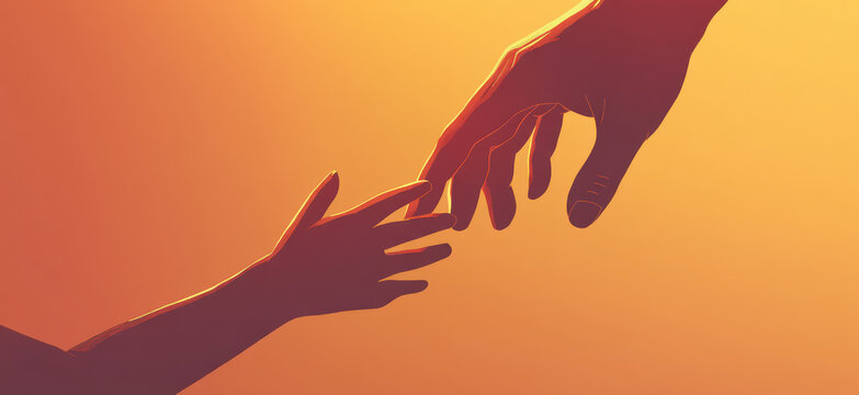Two hands reaching for each other in a silhouette against a vibrant sunset, symbolizing connection, hope, and a shared journey.