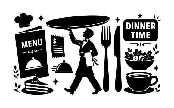 Tableware Dining Service. Wide banner with a waiter carrying an oversized plate beside giant fork and knife, 1 character only, large menu card and hot drink cup reaching opposite edges, small chef