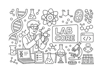Fototapeta premium Molecular Science Network. Clean outline banner scene of a laboratory workstation with one scientist examining a molecular model, featuring oversized DNA helix and atom structure as main objects, plus