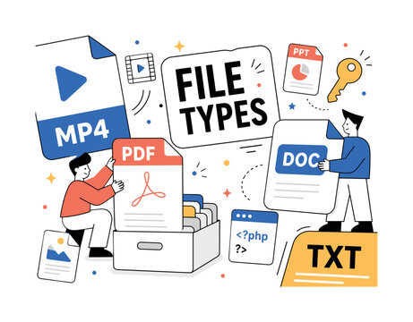 File Format Types. clean editorial banner about digital document extensions and file format management, one geometric character sorting an oversized PDF file tab while another holds a giant rounded