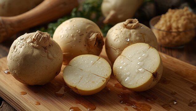 Washed celery roots, whole and halved, on a bamboo cutting board.