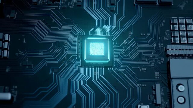 Advanced Technology With Glowing Components. Modern Electronic Motherboard With Luminous Circuits