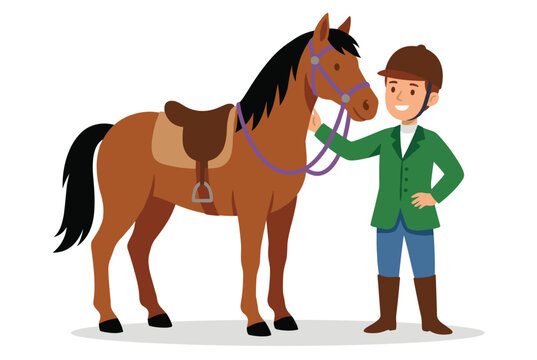 Boy smiling equestrian rider helmet boots interacting brown horse saddle reins countryside outdoors animated. Young male teen horse stable grooming friendship happy cartoon style isolated white