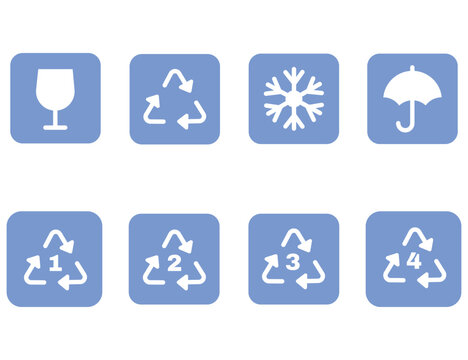 Packaging and recycling icons for shipping UI. Vector logistics symbols including fragile glass, snowflake, umbrella, and plastic resin codes for packaging design, web apps, and dashboards.