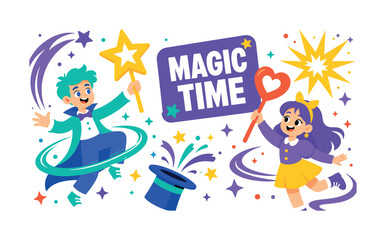 Fototapeta premium Magic Wand Sorcery playful flat vector banner scene with PURE WHITE BACKGROUND, two expressive stylized human characters casting spells while interacting with one oversized star wand and one large