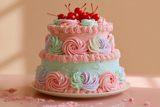 Kitsch wedding cake with three playful tiers featuring pastel-colored frosting and decorative swirls topped with bright red cherries on a light pink plate