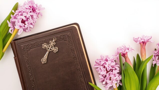 Edge of a shut bible, crucifix and pink hyacinth bouquet on a light backdrop with empty space.