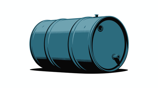A horizontal blue steel storage drum features two circular bungs and one drain nozzle set against a crisp white background with a dark solid shadow cast below.