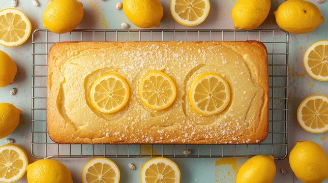 Top view of lemon sponge cake on a rack, surrounded by lemon halves and whole lemons against a vibrant backdrop.