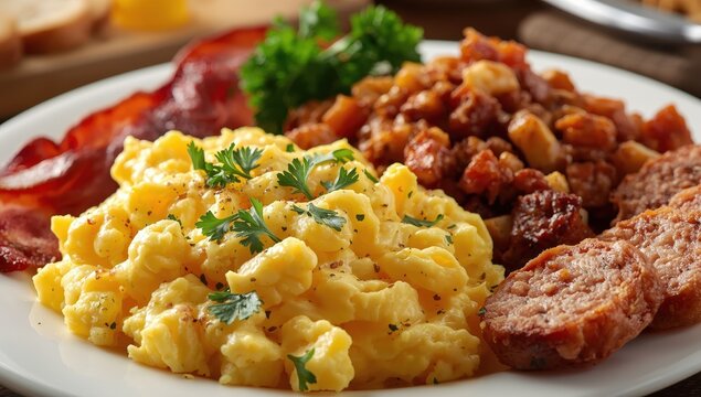 Eggs mixed and garnished with parsley, accompanied by corned beef hash, bacon, and sausage patty.