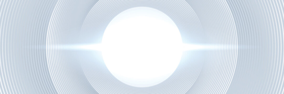 Abstract white futuristic background with concentric circles tunnel and bright lens flare light.