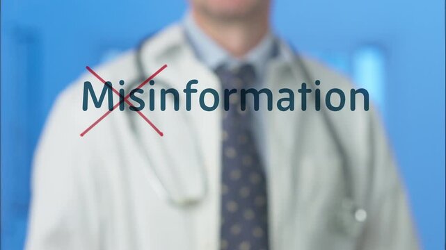 Medical professional in a lab coat using a red marker to strike through the word misinformation, symbolizing the fight against fake news and promoting verified health information and facts