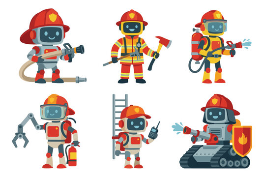 Firefighting robots cartoon style firefighter equipment protective hats bright uniforms hose axes tank isolated white background rescue action emergency tech vector illustration