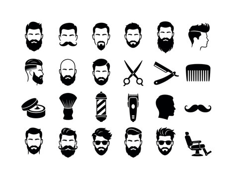 Bearded Men Faces. Solid glyph icon set of stylish bearded male faces and barbershop fashion: full beard face, moustache face, goatee face, short beard face, long beard face, pompadour haircut,