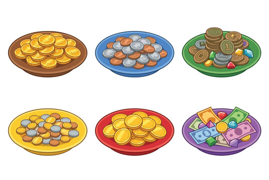 Colorful bowls filled diverse currency forms gold coins, silver coins, gemstones, paper money isolated white background. Financial prosperity wealth graphic style vivid colors. Cartoonstyle vector