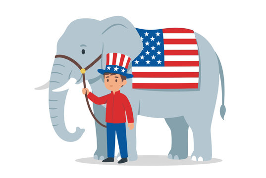 Man young adult wearing red shirt, American flag top hat, holds elephant leash flag draped animal background. Political symbolism, patriotic theme, United States graphics. Elephant big beast