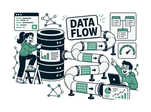 Data Pipeline Engineering Banner scene about data engineering, database processing and analytics pipeline, 2 expressive engineers working around one oversized database tower and one giant winding